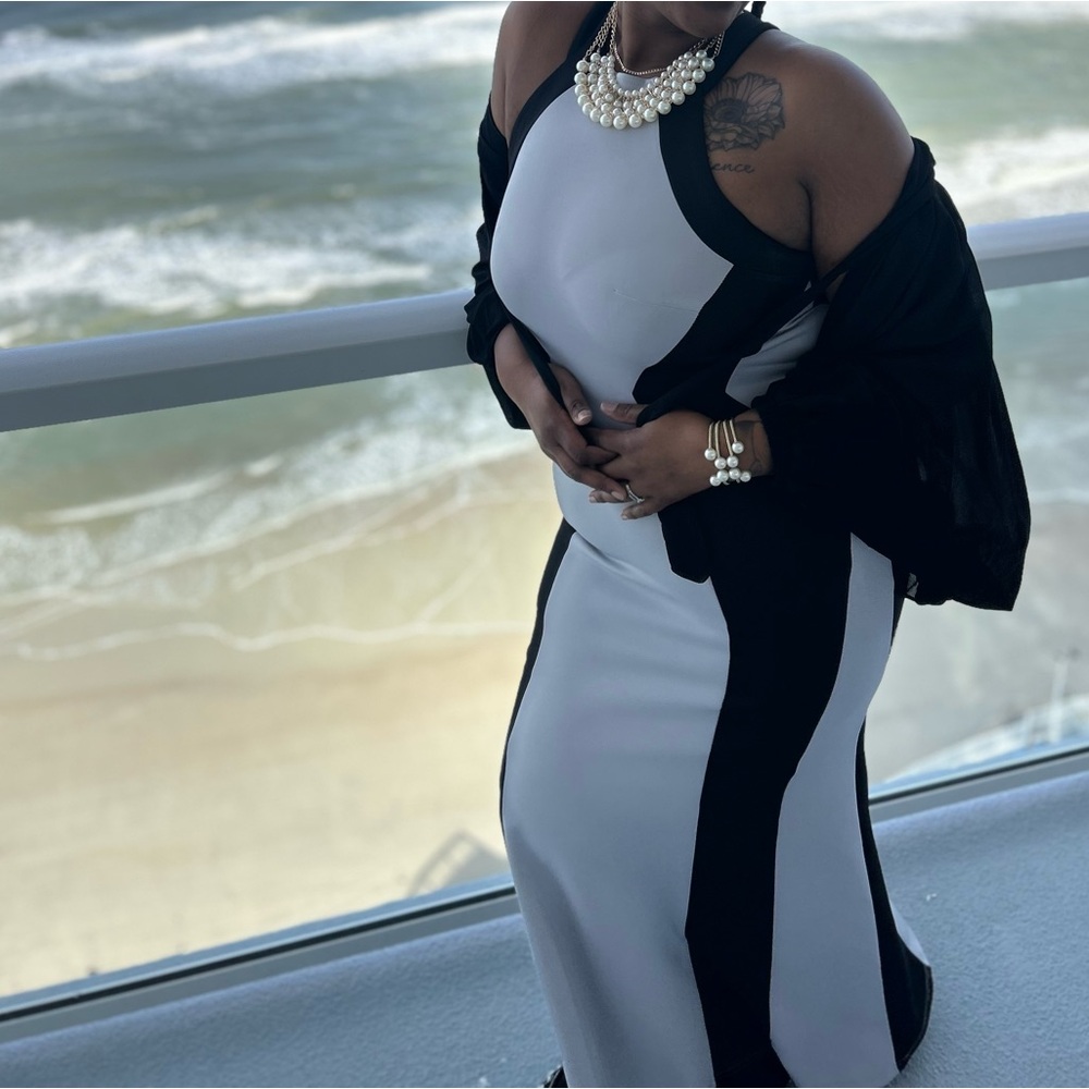 Grey and black color block high neck dress